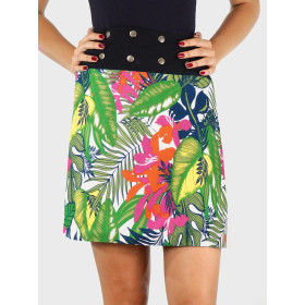 jupe grande taille verte imprimé tropical floral multicolore en viscose ceinture noire boutonnée