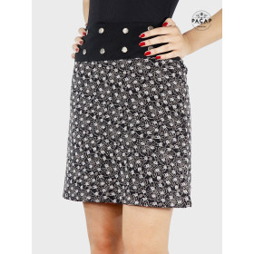 jupe noire imprimé fleuri sur coton coupe portefeuille droite multi-taille pour femme ronde enceinte taille plus