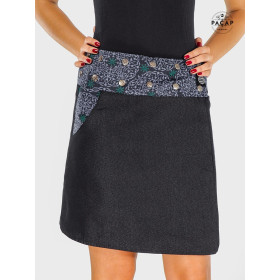 jupe grande taille en jean noire pour femme ronde enceinte jupe poche, multi taille bouton pression