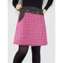 jupe motif géométrique rose avec poche ceinture en jean boutonnée devant coupe droite réversible longueur genoux