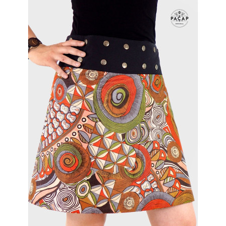 jupe wax marron coupe évasée ethnique tribal style portefeuille reversible taille haute pour femme