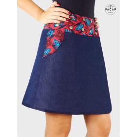 jupe en jean femme avec poche ceinture imprimé motif originale coupe portefeuille évasée longueur genoux