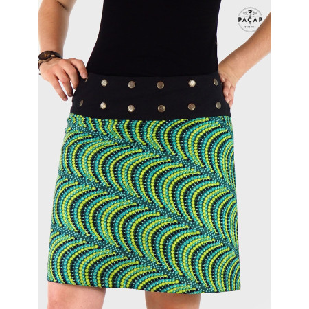 jupe femme verte à motif en coton imprimé petits pois petit points jupe originale fantaisie portefeuille reversible marque