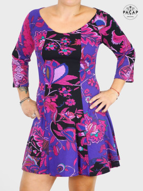 Robe Courte noire et bleue, imprimé floral, robe a bande noire et bleue, patchwork, robe évasée manche 3/4, robe col rond