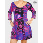 Robe Courte noire et bleue, imprimé floral, robe a bande noire et bleue, patchwork, robe évasée manche 3/4, robe col rond