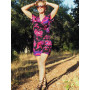 robe lycra noire, robe florale, robe elasthanne, robe moulante, manches courtes, col v , cache coeur, robe été taille elastique