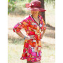robe portefeuille rouge motif géometrique, robe cache coeur asymetrique finition volant,
