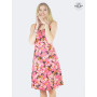 robe rouge femme a fleurs rose, robe fines bretelles,  robe taille élastique, robe dos nu, robe été col v