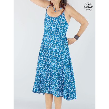 robe bleue, robe femme, robe été, robe imprimée, robe ethnique, robe sans manche, robe décontractée