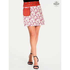 jupe rouge zippée, jupe a fleurs rouge, jupe portefeuille, jupe avec pochette, jupe sacoche, jupe taille haute, jupe été