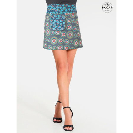 jupe ethnique zippée, jupe coton reversible, jupe avec poche, jupe femme, jupe été, jupe portefeuille à bouton