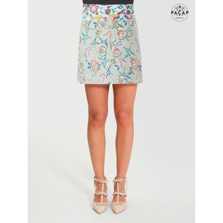jupe zippée en coton, jupe imprimé florale, jupe droite, jupe colorée, jupe taille haute, jupe portefeuille