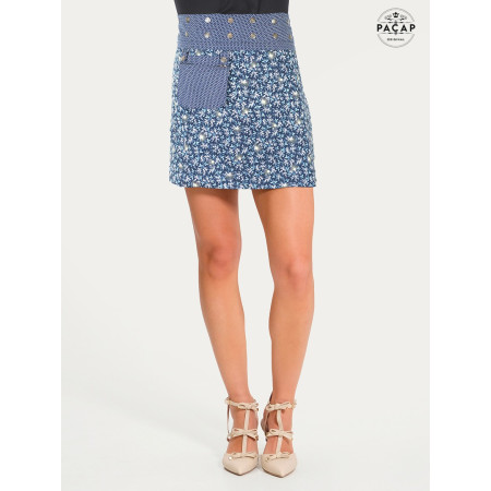 jupe zippée bleue, jupe été femme , jupe multi-taille, jupe wrap, jupe genoux taille haute