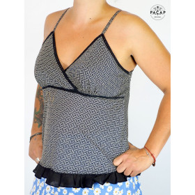 caraco cache coeur, débardeur a volants, t shirt chic sans manche à volants, top sans manche
