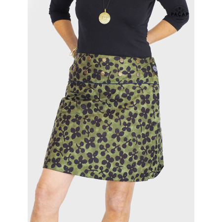 jupe évasée, jupe marron, fleurs noire, trèfle quatre feuille, jupe coton, jupe genoux portefeuille