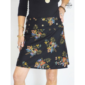 jupe noire a fleurs, jupe femme habillé, tenue chic, jupe évasée, jupe reversible, jupe taille haute