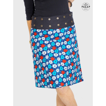 jupe bleue femme, jupe été colorée, jupe décontractée, jupe de plage, jupe fleurs bleue rouge, blanche