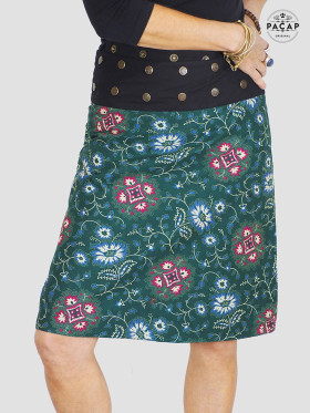jupe vert foncé, jupe florale, jupe femme, jupe été, jupe droite, jupe taille haute, jupe taille basse, jupe genoux caché