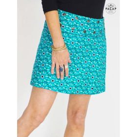 jupe vert turquoise, jupe femme, jupe été coton reversible, jupe mini droite, jupe courte motif