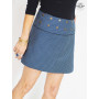 jupe bleue micro motif femme, passepoile reversible, bouton metal, mini jupe été courte portefeuille ceinture plate