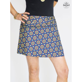 jupe courte en coton, jupe ouverte asymetrique, jupe wrap, jupe enveloppante, jupe passepoile, jupe mini femme