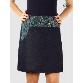 jupe ethnique grande taille en jean noire réversible motif ikat aborigène, jupe tribal, jupe indigène