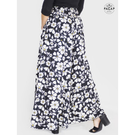 pantalon noir fleurs blanche pour femme taille elastique ceinture froncé, jambes large, palazzo noir, pantalon ample