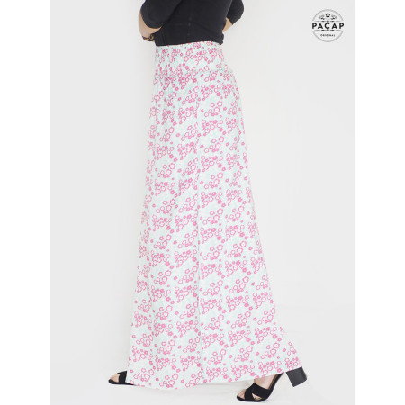 palazzo rose, jupe culotte liberty ceinture elastique, taille froncé, jambe large, pantalon été rose à fleurs