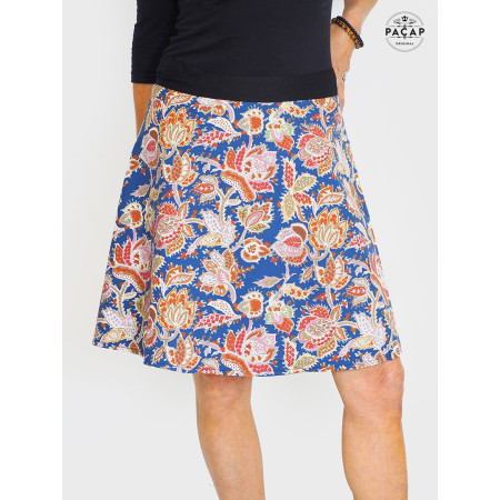 jupe bleue, jupe fleurs, jupe femme, jupe été, coton, portefeuille, reversible ,a nouer, genoux