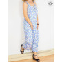 Combi-pantalon bleue a fleurs blanche, pantalon harem, combinaison ample, avec poches