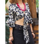 Petite Veste/Gilet Bolero Noir Cache-Coeur à Attacher Imprimé Fleurs Banches - YILVA