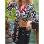 Petite Veste/Gilet Bolero Noir Cache-Coeur à Attacher Imprimé Fleurs Banches - YILVA