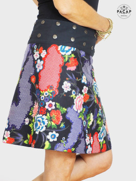 jupe noire a fleurs, jupe portefeuille réversible taille unique femme, jupe coton,  ceinture bouton metal