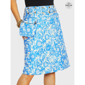 jupe longue bleue femme, jupe droite, jupe portefeuille réversible, jupe été, jupe à fleurs bleue