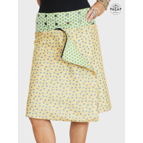 jupe verte zippée, trapèze, jupe convertible ceinture amovible détachable, bouton pression, jupe fendue asymétrique