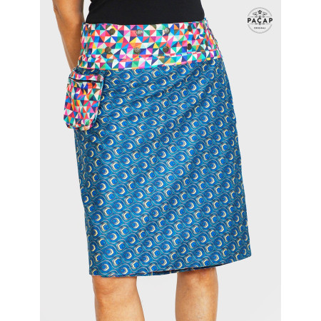 jupe portefeuille, jupe droite, jupe zippée,  poche, sacoche, ceinture bouton pression, motif plume paon