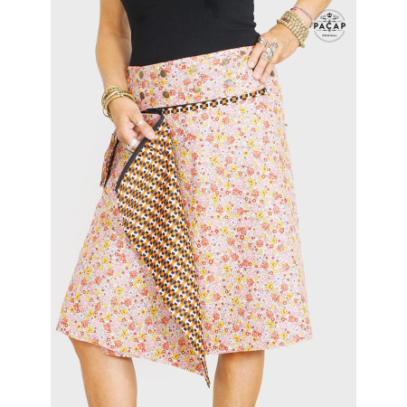 jupe longue réversible, pochette, sacoche, zip, fermture eclaire, coton, bouton, portefeuille, été, femme