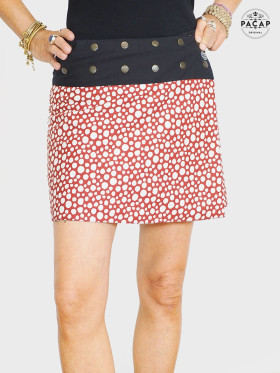 mini jupe rouge femme portefeuille coupe droite imprimé a pois en viscose tissu souple et fluide