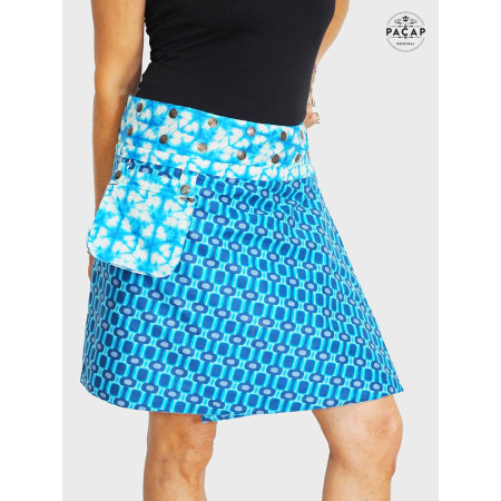 jupe bleue zippée, jupe portefeuille évasée, jupe été femme, jupe plage, motif tie and dye, jupe carreaux