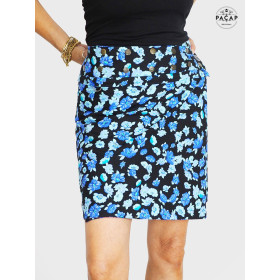 jupe noir a fleurs,  jupe bleue, jupe portefeuille, jupe reversible, jupe zip, jupe wrap, jupe taille haute