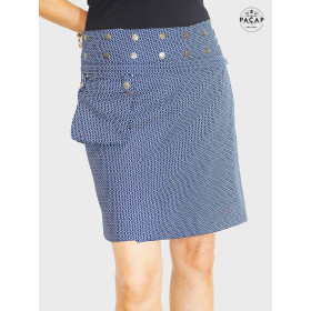 jupe zippée bleu marine, jupe droite, jupe a poche, jupe taille haute, jupe géométrique, jupe genoux, jupe été en coton