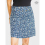 jupe imprimée liberty bleu foncée, jupe taille haute, jupe à fleurs, jupe portefeuille, jupe réversible, jupe genoux