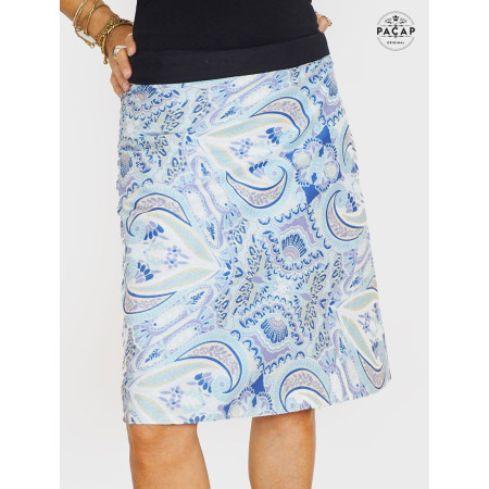 jupe droite pour femme, jupe tube, jupe taille unique, jupe coton imprimé cachemire, jupe paisley bleue