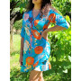 robe cache-coeur bleue, robe a nouer, robe asymetrique, robe en soie, robe satinée à fleurs, robe satin bleu