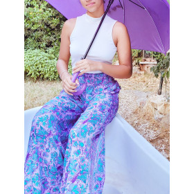 pantalon soie violet fa fleurs taille unique ceinture élastique froncée