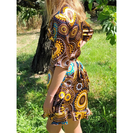robe portefeuille marron, robe satinée, robe courte, robe cache coeur, robe été, robe ethnique, robe mandala à nouer