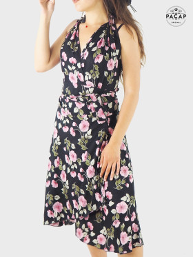 Robe Longue Noire Cache-coeur Motif Floral Sans Manches - HAJARE