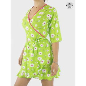 Robe vert pomme, robe a fleurs blanche, robe Courte portefeuille cache coeur volants, robe été flashy