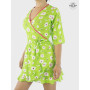 Robe vert pomme, robe a fleurs blanche, robe Courte portefeuille cache coeur volants, robe été flashy