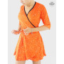 robe cache coeur orange ceinture fine a nouer, finition volant manche mi longue, coupe asymetrique